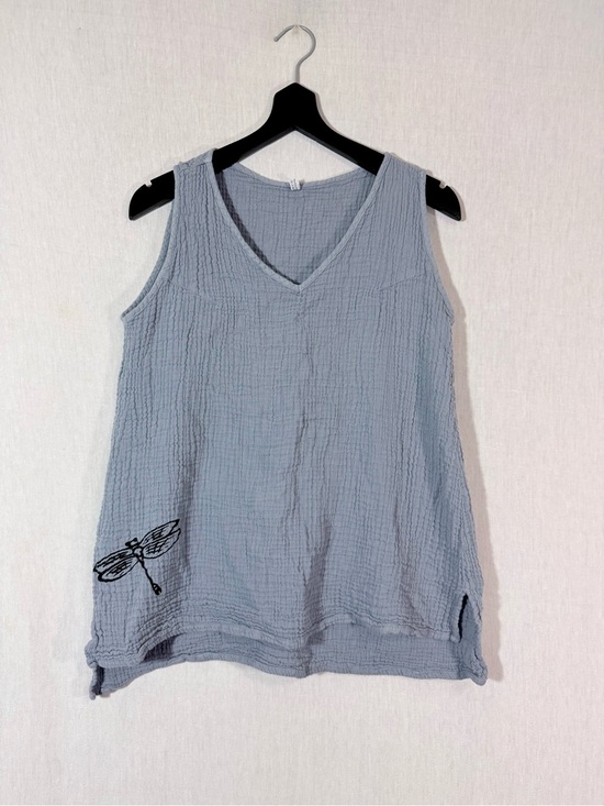 Tops - Handmade grey Blue Sleeveless V-Neck 100% Cotton shirt: screen print Dragonfly